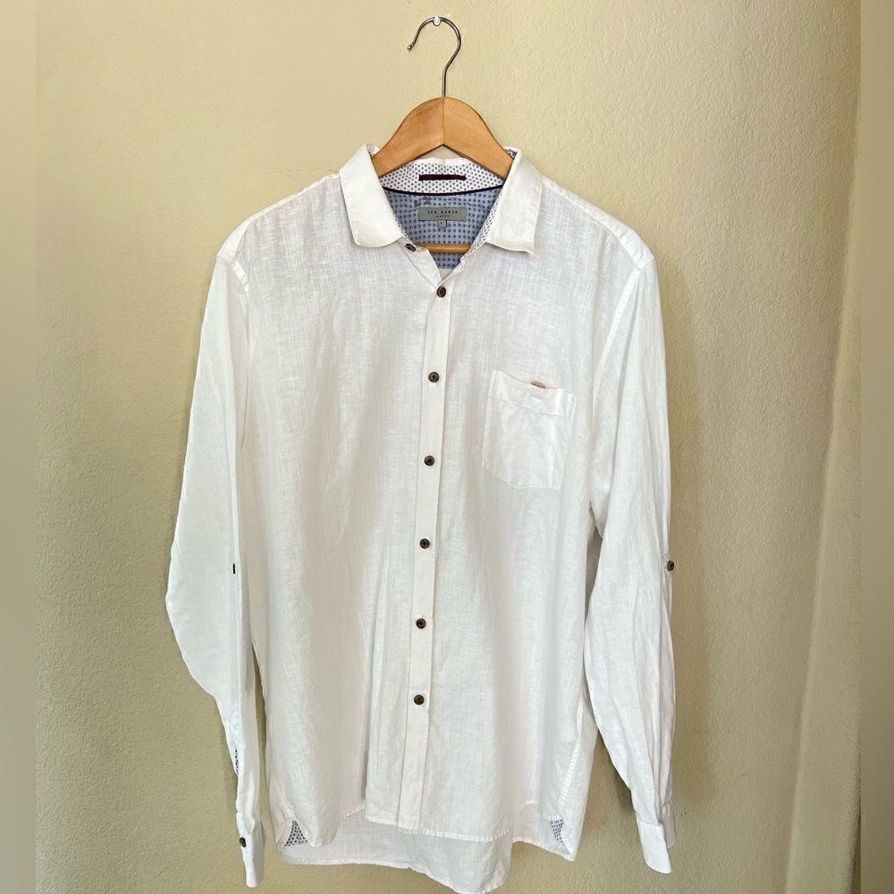 Ted Baker Dress Shirt White Linen Cotton Blend Size 7